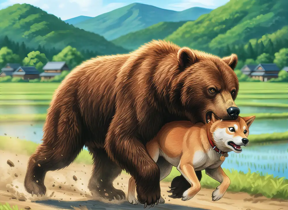 クマが柴犬を咥えて森へ逃走