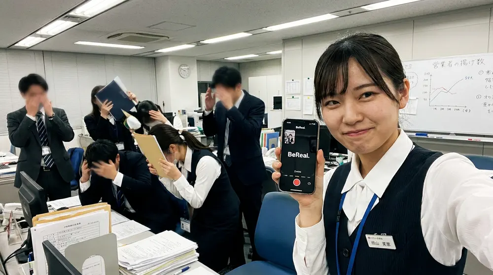 銀行の営業部室でのBeReal撮影シーン